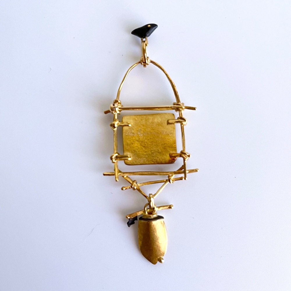 18K and 22K gold brooch with dendritic agate and bird - Picture 4 of 12